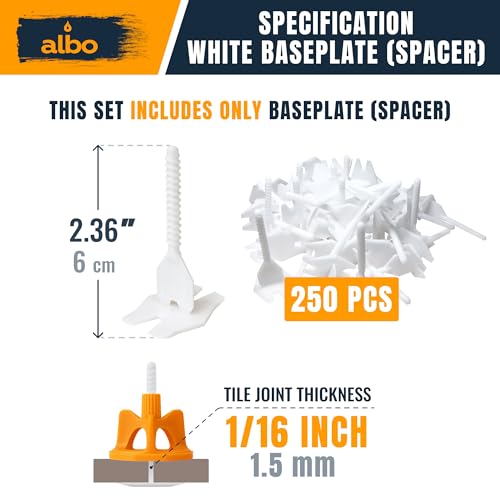 ALBO Tile Leveling System Base Plates 1/16" - 250 PCS - Professional Floor & Wall Spacers, Anti-Lippage Installation Clips for All Tile Formats, Self-Leveling Spacer System new - style: Spacer 1/16" 250 PCS