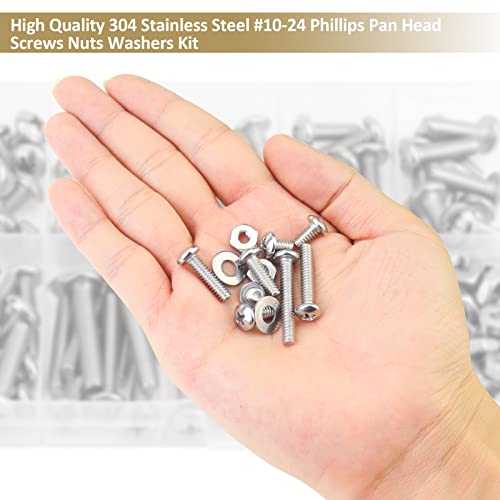 142 Pieces #10-24x 1/4", 5/16", 3/8", 1/2", 5/8", 3/4", 1", 1-1/4", Phillips Pan Head Machine Screws Nuts Washers Assortment Kit, 304 Stainless Steel, Fully Machine Thread - size: #10-24