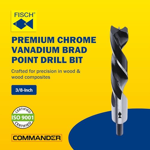 Fisch FSF-003908 Chrome Vanadium Brad Point Drill Bit, 3/8-Inch | Chrome-Vanadium Brad Point Ground Wood Drill Bit, Wood Drill Bit, Precision Drilling for Woodworking, DIY & Professional Use - size: 3/8 in