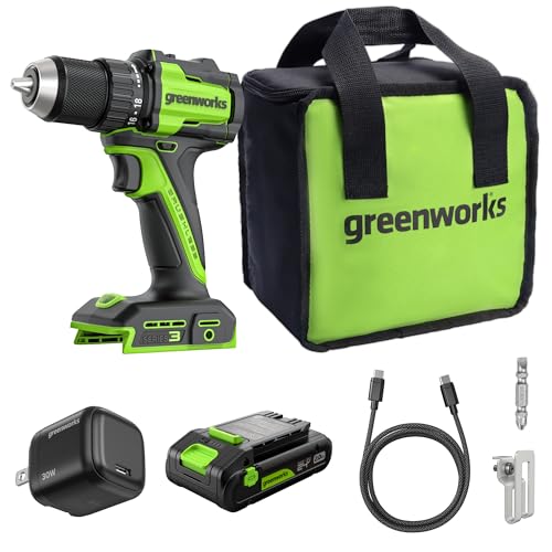 GREENWORKS 24V 1/2" Brushless Cordless Drill (400 In-lbs.), 2.0Ah (12,000mAh Power Bank) USB-C Batteries, 3.3 FT Braided Cable, 30W Charger - size: 400 in-lbs Drill Driver