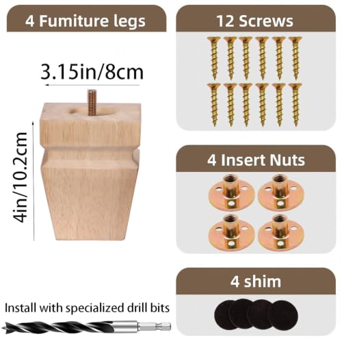 Unfinished Oak Sofa Legs-Heavy Duty Mid Century (Natural 4"H*3.15"W) - color: Plain Wood Color, size: 4"H*3.15"W