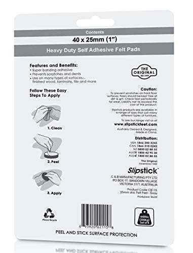 Slipstick Premium Wool Felt Furniture Pads/Floor Protectors (1 Inch Round Value Pack) Includes 40 Heavy-Duty Felt Chair Leg Pads with Self-Stick Adhesive, Gray, CB115 - size: 1" Round Value Pack