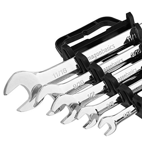 Amazon Basics 72-Tooth Ratcheting Combination Wrench Set, Chrome Vanadium Steel Flexible Head, 5-Piece SAE Sizes 5/16", 3/8", 1/2", 9/16", 11/16", Chrome Finish - style: SAE