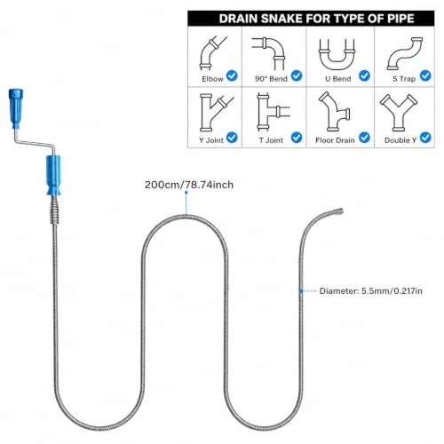 78.74in Flexible Drain Cleaning Tool 1pc - Lightweight Easy-to-Use for Kitchen & Bathroom Sinks, Tubs, Septic Systems, Durable Plastic/Metal for Home Maintenance & Plumbing Tasks