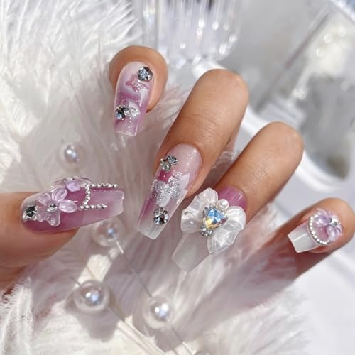 3D Purple Press on Nails Almond - Medium French Tip Fake Nails with Embossed Flower&Butterfly Bead Designs, Glossy Finish Reusable False Nails for Women Manicure(3D Embossed design 24） - color: 3D Embossed design 24