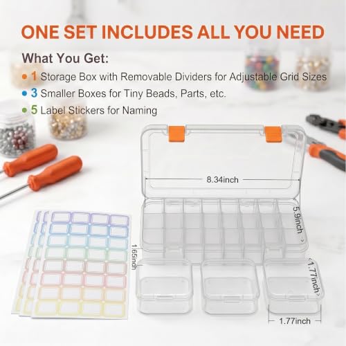 24 Grids Bead Organizer with Adjustable Dividers, 1.14"x1.85" Each Grid, Plus 3 Mini Storage Box for Jewelry, Fishing Hooks, Arts & Crafts, Office Supplies - color: Clear-L