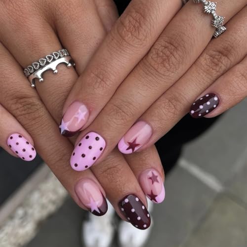Short Almond Press On Nails Pink Brown with Y2K Star Polka Dot - color: Style13