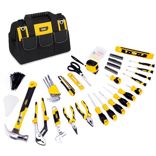 DELI 355-Piece Home Tool Set, Household Repairing Tool Kit with 14-Inch Wide Mouth Open Storage Tool Bag, Yellow