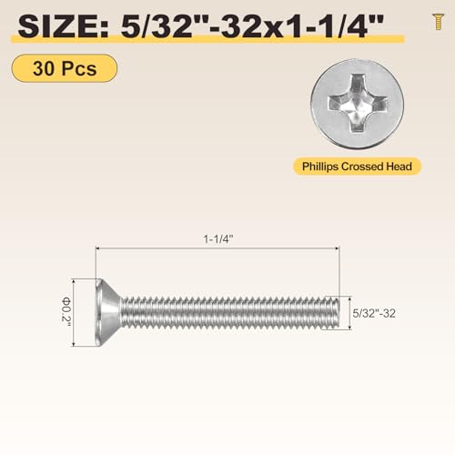 METALLIXITY 5/32"-32x1-1/4 Phillips Flat Head Bolts 304 Silver 30Pcs - color: Silver, size: 5/32"-32x1-1/4"