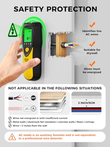 Mecurate 5-in-1 Stud Finder Wall Scanner for Studs, Metal & Live AC Wires - color: Yellow