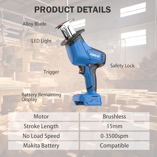 NANWEI Cordless Reciprocating Saw,Brushless Motor 3500RPM Variable Speed,Compatible with Makta 18V Batteries,Tool-Free Blade Change, LED Light,4 Blades For Wood/Metal/PVC Cutting (Battery Excluded)