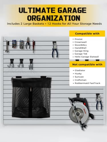 AZUNO 14 PCS Slatwall Accessories Kit - 2 Pack Large Mesh Slatwall Baskets with Front Zipper & 12 Pack Heavy Duty Slat Wall Hooks, Garage Storage & Organizer for Sports Gear, Toys, Tools - size: 2 Mesh Baskets+12 Hooks