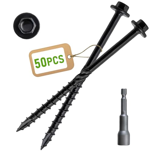 [Pack of 50] #14 x 4 inch Wood Structural Screws, Heavy Duty Hex Head Black Timber/Log/Landscaping Wood Screws, Rust Resistant, Hex Socket Included - color: Black, size: #14 x 4"