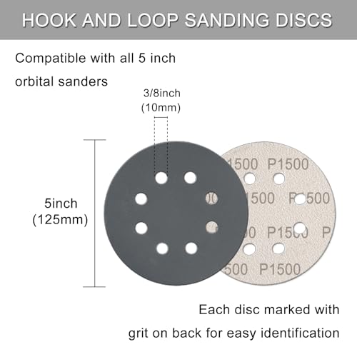100Pcs 5 Inch Sanding Discs Hook & Loop 8-Hole Wet Dry Sandpaper 1500 Grit - style: 100Pcs 1500 Grit
