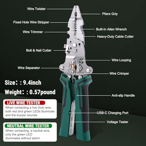 14 in 1 Folding Wire Stripping Pliers with Voltage Tester (Green)