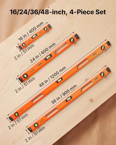 VEVOR Magnetic Level Set, 4-Piece Included 16/24/36/48 in, Aluminum Alloy I-Beam Bubble Leveler with Clear 3 Green Vials & Hanging Hole, Level Tool Ideal for Hanging Pictures, Home Improvement & DIY - size: 16/24/36/48 inch set