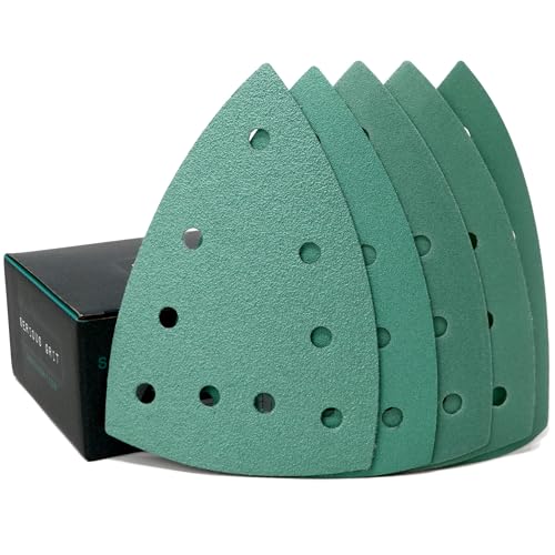 Serious Grit - 4" x 6" Delta (100mm x 150mm) Triangle Hook & Loop Sanding Sheet Assortment - 80, 120, 150, 180, 220 Grit (10 of Each) - Fits Festool DTS 400 & Mirka DEOS Delta Sanders - 50 Pack Box | Fits Festool DTS 400 & Mirka DEOS Delta Sanders - Inclu