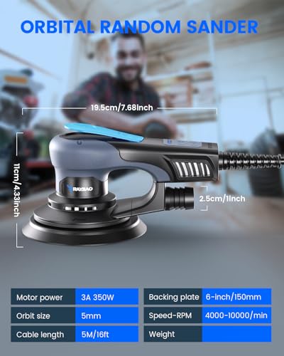 Random Orbital Sander 5.0mm, 350W Brushless Motor, 6 In Pad for Woodworking