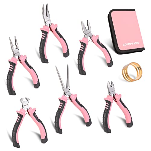 COMOWARE 6-Piece Mini Pliers Set, Needle Nose, Long Nose, Bent Nose, Diagonal, End Cutting and Linesman, for Crafts Work, Electronic Repair, with Pink Pouch - color: Pink