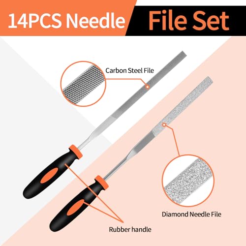 KUZURYU 14PCS Needle File Set - Small Diamond Files with 6 Jeweler's Files & 6 Steel Files （150mm）for DIY, Jewelry, Plastic, Wood & Metal Crafting – with Storage Bag & Steel Brush - size: Needle File-14PCS