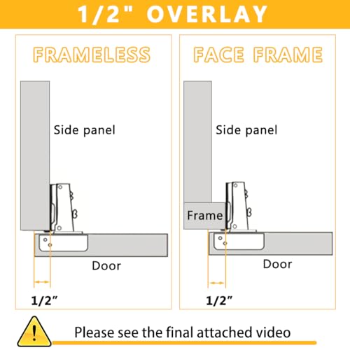 20 Pack Soft Close Cabinet Door Hinges for 1/2 Inch Overlay Cupboard, 105 Degree Opening Angel, Stainless Concealed Kitchen Cabinet Hinges with Mounting Screws, Manual and Door Bumpers - size: 1/2 inch Overlay