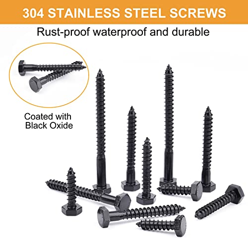 1/4" Hex Lag Bolts Stainless Steel 18-8 (304), VIGRUE 108PCS Black Oxidized, Hex Lag Screws Heavy Duty Wood Screws Washers Assortment Kit, Length Include 1" 1-1/2" 2" 2-1/2" 3"