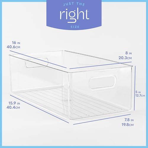 Plastic Food Storage 6 Pack Clear Container Bin with Handles for Organizing Kitchen, Pantry, Refrigerator, Freezer, Pantry, Cabinet, Closet, Bathroom. 16”x8”x5” - size: 16x8x5
