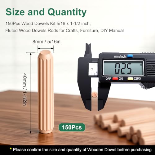 150Pcs Wood Dowels Kit 5/16 x 1-1/2 inch, Wooden Dowel Pins, Fluted Wood Dowels Rods for Crafts, Furniture, DIY Manual - size: 5/16" x 1-1/2"-150pcs