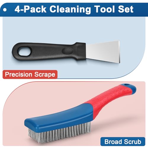 4-Pack Heavy Duty Wire Brush and Scraper Set, 3 Stainless Steel Scratch Brushes & 1 Metal Scraper for Aggressive Cleaning, Rust, Paint Removal, Grill, Kitchen, Auto, DIY with Non-Slip Handle
