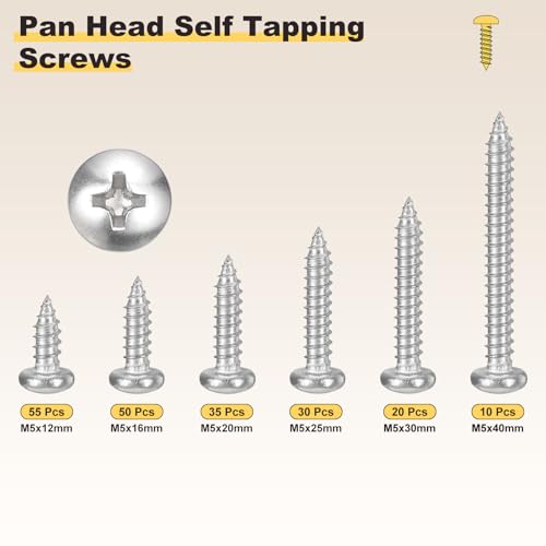 METALLIXITY Phillips Pan Head Self Tapping Screw M5 200Pcs - color: Silver tone, size: M5x12,16,20,25,30,40mm