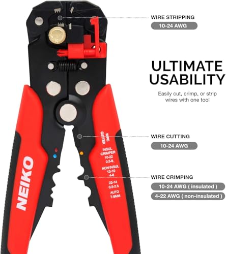 NEIKO 01924A 3-in-1 Automatic Wire Stripper, Cutter, and Crimping Tool, Auto Self-Adjusting Pliers that Cut up to 10 AWG - style: 3-in-1 Auto Wire Strippers, Red