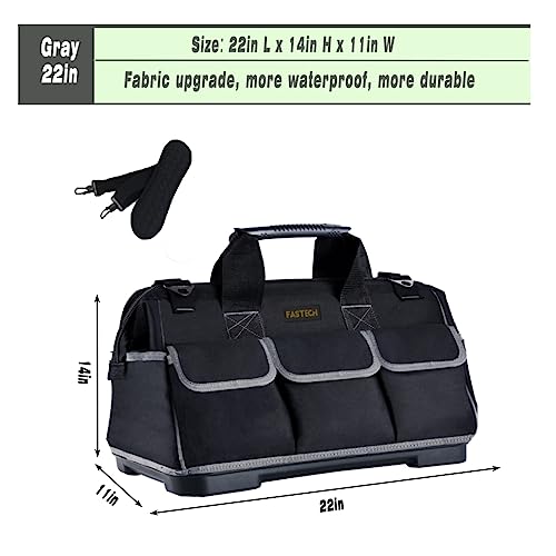FASTECH 22-inch Wide Mouth Tool Bag with Water Proof Molded Base, Waterproof Tool Organizer Bag for Men with Adjustable Shoulder Strap (Grey-22INCH) - size: 22 inch-Grey-With Bottom Shell