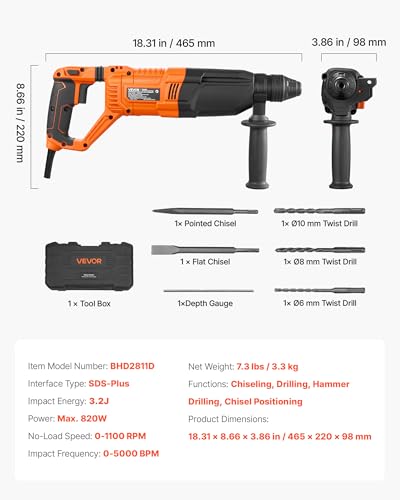 VEVOR Rotary Hammer Drill, 1-1/8 in SDS-Plus Electric Corded Heavy Duty Rotary Hammer, 4 Functions, Including 3 Drill Bits, Flat Chisel, Pointed Chisel, and Carrying Case, for Concrete and Masonry - size: 1-1/8 in