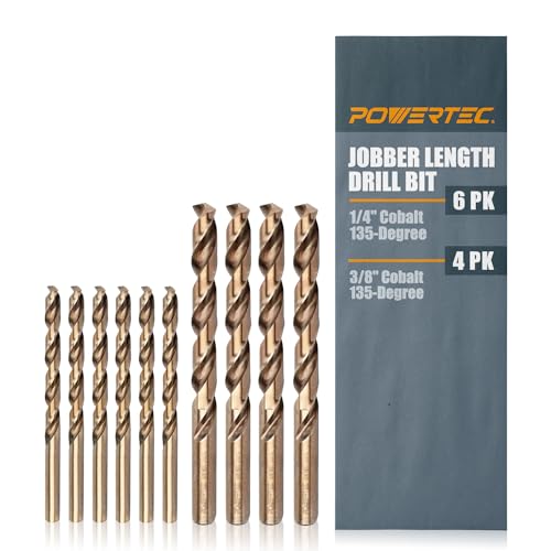 POWERTEC 1/4" & 3/8" Cobalt Drill Bits - 10 Pack - 4" & 5" Length - M35 HSS Jobber Length Twist Bits w/ 135° Tip for Drilling Wood, Metal, Stainless Steel, Nickel Alloy, Cast Iron & Plastic (QDB2101) - style: 10PK 1/4" & 3/8" Cobalt Drill Bits (M35 135°)