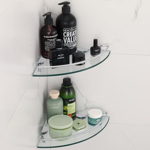 2 Ties Glass Corner Shelf with SUS 304 Stainless Steel Rail Chrome Finished, Esquinero para baños, Rustproof Tempered Glass Shelf, Shower Caddy Organizer 9.5" x 9.5" - size: 2 PACK With Rail