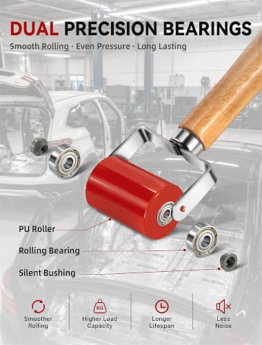 LUMITECO Automotive Sound Deadening Roller Tool, Upgraded Dual Bearing PU Seam Roller with Ergonomic Wood Handle for Car Audio Sound Deadener, Heat Insulation Mat Installation, Wallpaper, Vinyl Wrap - color: Red