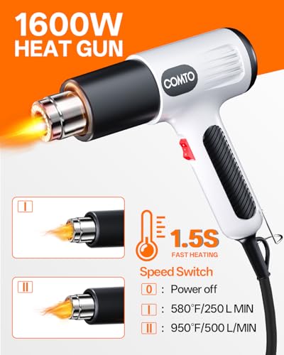 Heat Gun, 1600W Hot Air Gun with 2 Heat Settings, White - color: White