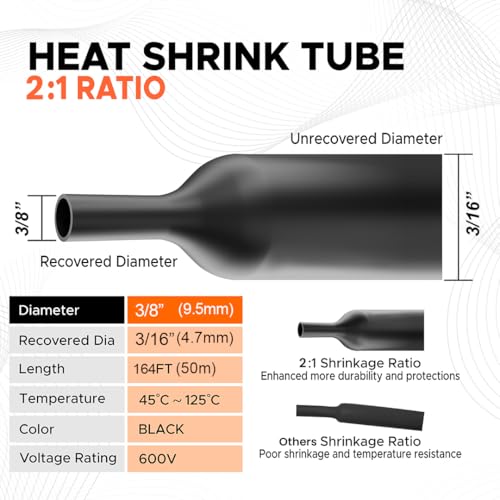 Heat Shrink Tubing 3/8" 9.5mm 2:1 Industrial Shrink Tube 164Ft - size: 3/8" (9.5mm) 164 Feet
