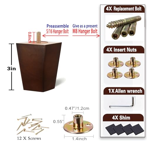 SHANJUE 3 Inch Couch Legs Square - Furniture Feet for Ottoman Cabinet 4PC - size: 3 inches
