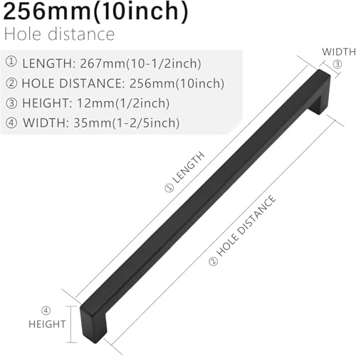 Cabinet Pulls Matte Black Cabinet Handles Square Drawer Pulls, 5 Pack 10 Inch Stainless Steel Kitchen Door Cupboard Handles, 256mm Hole Centers - size: 10 inch Hole Centers(256mm)