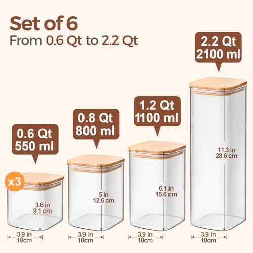 ComSaf Glass Storage Containers Set of 6 (2.2Qt/1.2Qt/0.8Qt/0.6Qt*3) | Pantry Storage Containers, Kitchen Jar, Glass Canisters, Bamboo Lid with Silicone Seal, Flour, Cereal, Spice Jar, BPA Free - size: 0.6Qt*3/0.8Qt*1/1.2Qt*1/2.2Qt*1
