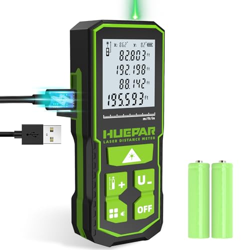 Huepar Professional Green Laser Measuring Tool 196ft, Digital Rechargeable Laser Distance Meter with Angle Sensor, 1/16in Accuracy, M/in/Ft Unit, Pythagorean Mode, Measure Distance, Area, Volume