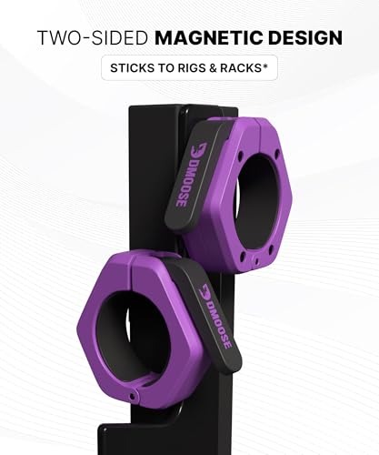 DMoose Fitness Barbell Clips 2 Inch (Pair) - Quick Release Olympic Barbell Clamps & Collars with Anti Slip TPR Grip for Secure Weightlifting and Powerlifting - Weight Clips for Bars at Home or Gym - color: Purple, style: Magnetic