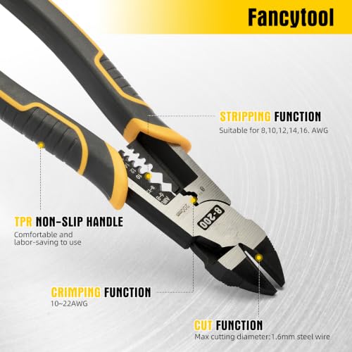 Multi-Function Diagonal Pliers, 8-inch 4-in-1 Cr-V Steel Heavy Duty Side-Cutting Pliers with Cutting, Stripping, Crimping, and Gripping for Electricians and Homes
