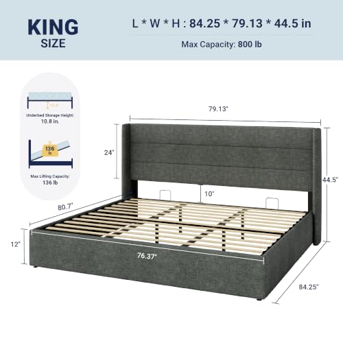 Allewie King Size Lift Up Hydraulic Storage Bed Frame Dark Grey - color: Dark Grey, size: King, style: Modern