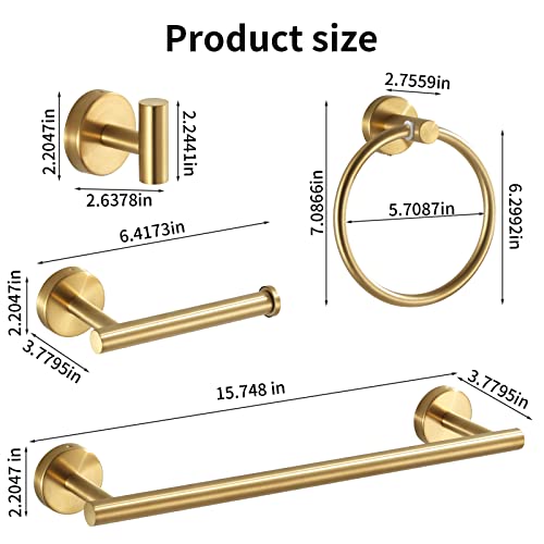 Bathroom Hardware Set Brushed Gold, 10pcs Towel Bar Set Including 2pcs16 inch Towel Bars, Toilet Paper Holders, Towel Rings and 4pcs Robe Towel Hooks - color: Gold-10pcs-16inch