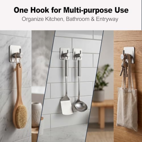 Fotosnow Adhesive Wall Hooks, 15lbs Stainless Steel Heavy Duty No Drill Towel Hooks for Bathroom Kitchen Entryway Dorm-6 Packs - color: Silver-6 Pack
