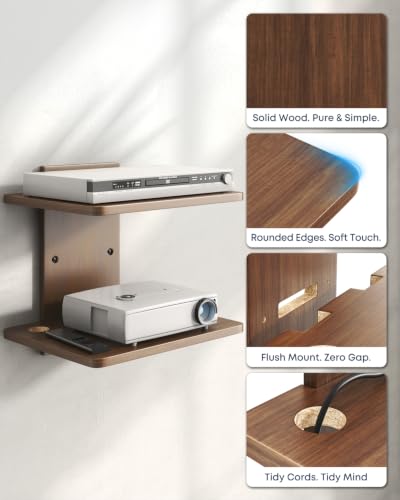 Floating TV Projector Shelf Wall Mount - 2 Tier Wooden Shelf, Walnut Brown - size: 2-Tier Shelf