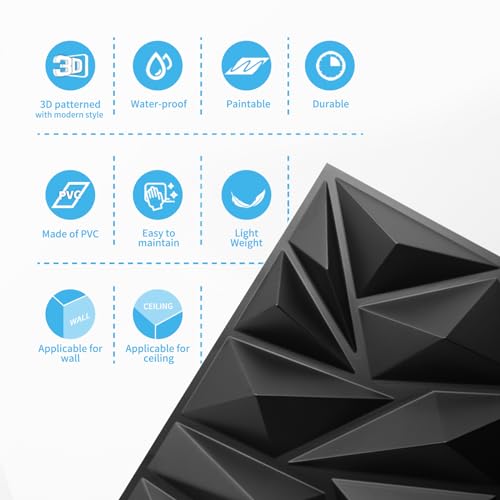 Art3d 50-Pack Modern Diamond Textured 3D Wall Panels, 12 x 12 in, Black - color: Black, size: 12x12 Inch 50 pcs