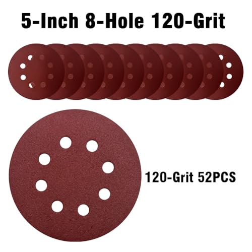 52 Pack 5 Inch 8-Hole Hook and Loop Sanding Discs Sandpaper Red Round 120 Grit Sandpaper for Random Orbital Sander - style: 120 Grit 52-Pack